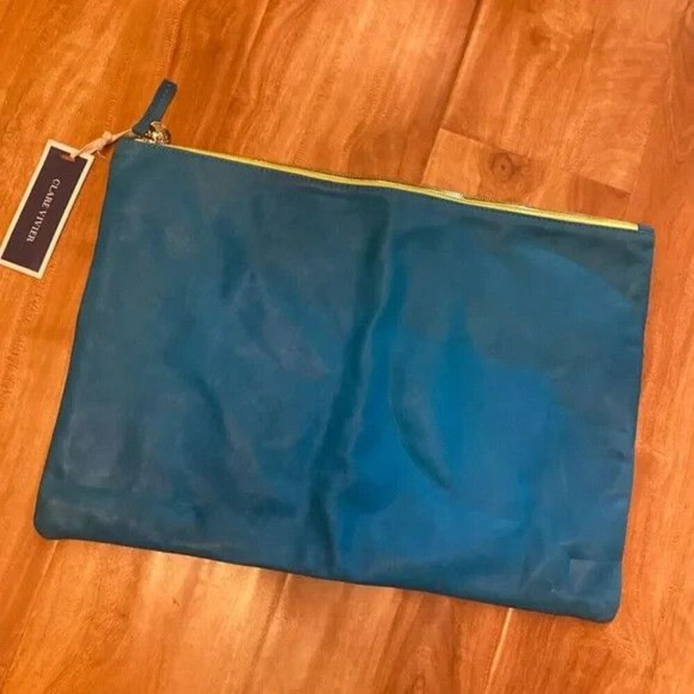 Clare V Vivier XLarge Clutch Teal Blue Laptop Bag Gold Zipper Handbag NWT
